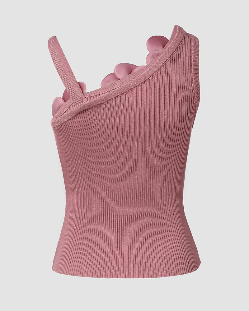 2 Pack Solid 3D Flower Tank Top Asymmetrical Neck Sleeveless Casual Ribbed Knit Camisole - Image 13