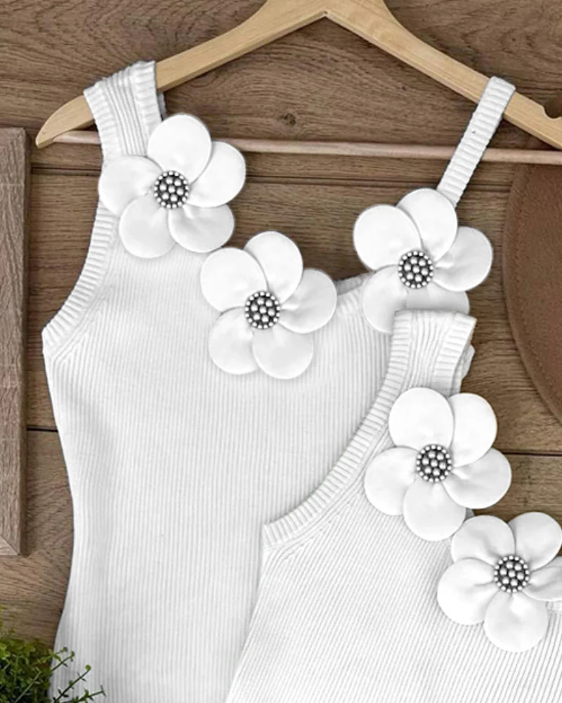 2 Pack Solid 3D Flower Tank Top Asymmetrical Neck Sleeveless Casual Ribbed Knit Camisole - Image 7