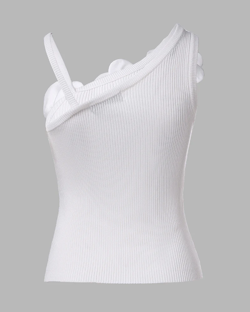 2 Pack Solid 3D Flower Tank Top Asymmetrical Neck Sleeveless Casual Ribbed Knit Camisole - Image 8