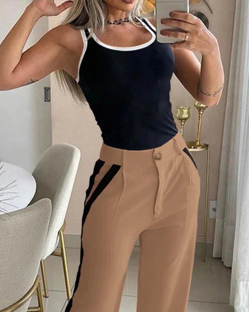 2 Piece Contrast Binding Sleeveless Slim Fit Tank Top and Striped Pants Sets Tracksuits Match Sets - Image 20