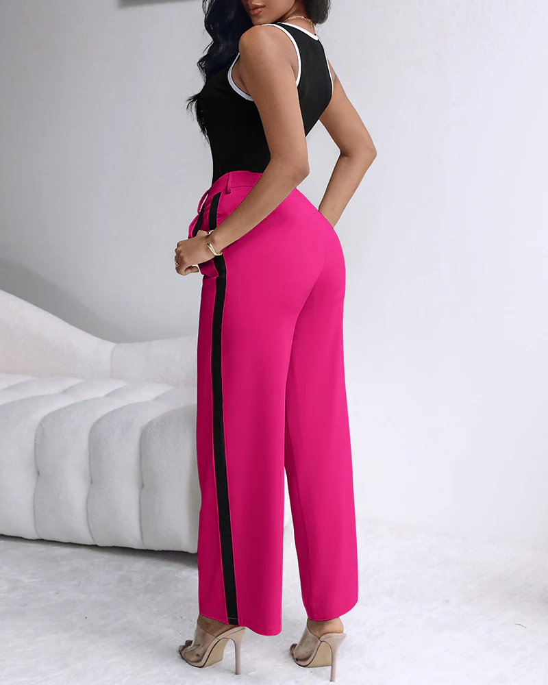 2 Piece Contrast Binding Sleeveless Slim Fit Tank Top and Striped Pants Sets Tracksuits Match Sets - Image 23