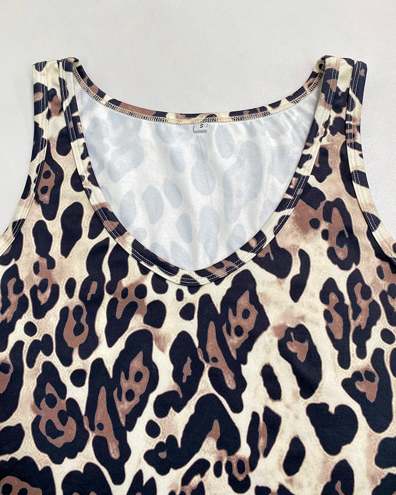 2 Piece Contrast Sequin Heart Pattern V-Neck Sweatshirt Leopard Print Sleeveless Tank Dress Set - Image 10