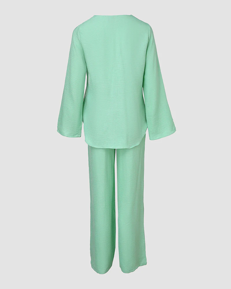 2 Piece Notch Neck Long Sleeve Asymmetrical Hem Tops Stretchy Waist Straight Leg Pants Lounge Sets Tracksuit - Image 12
