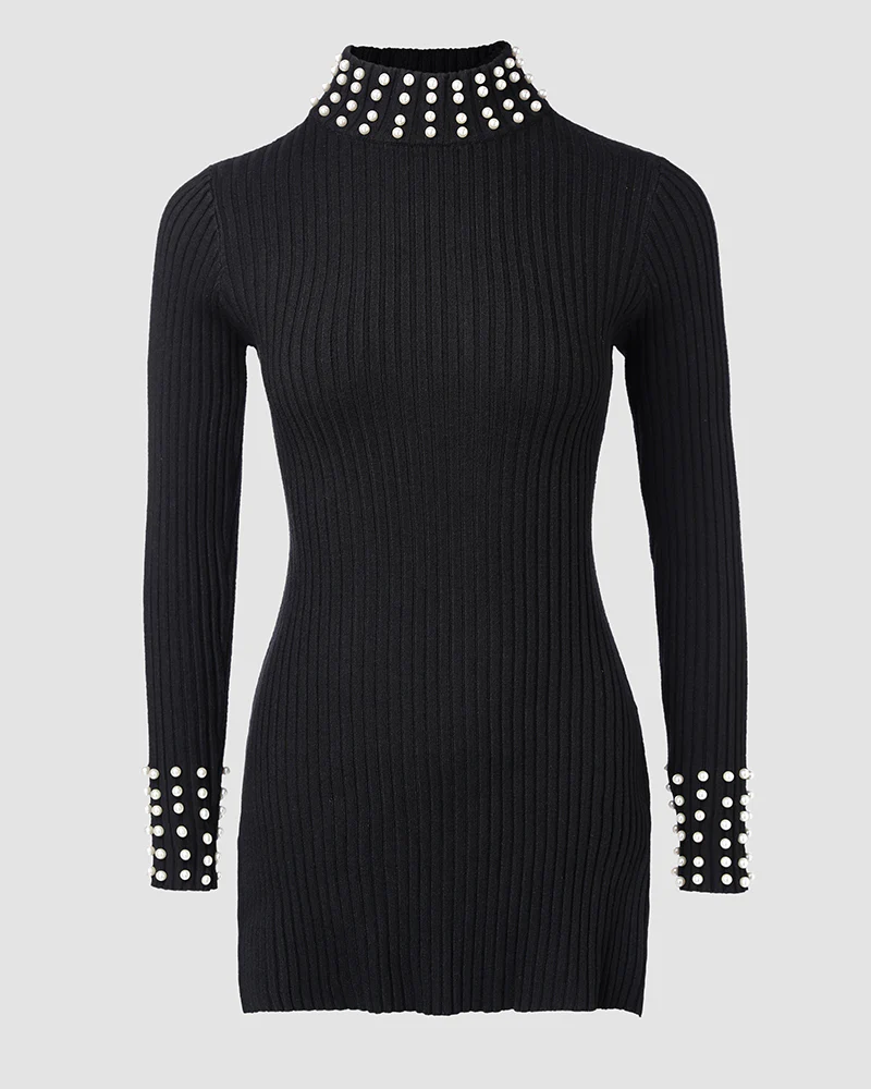 2 Piece Outfits Long Sleeve Beaded Side Slit Knit Top High Waist Skinny Pants Lounge Sets - Image 4