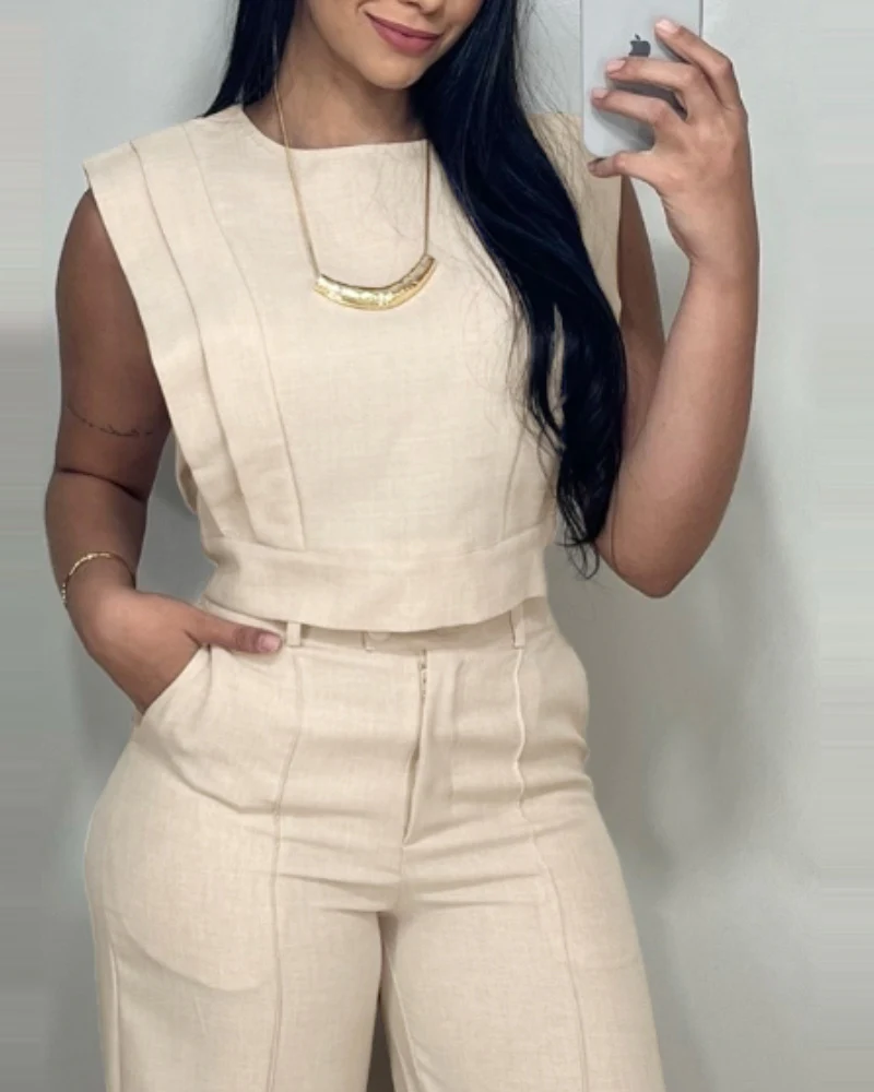 2 Pieces Outfit 3D Cutting Decor Design Cap Sleeve Hollow-out Back Crop Top and Casual Zipper Fly Seam Front Straight Pants Set - Image 11