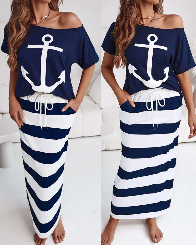 2 Pieces Outfit Anchor Print Skew Neck Top and Casual Striped Drawstring Elastic Waist Skirt Set - Image 3