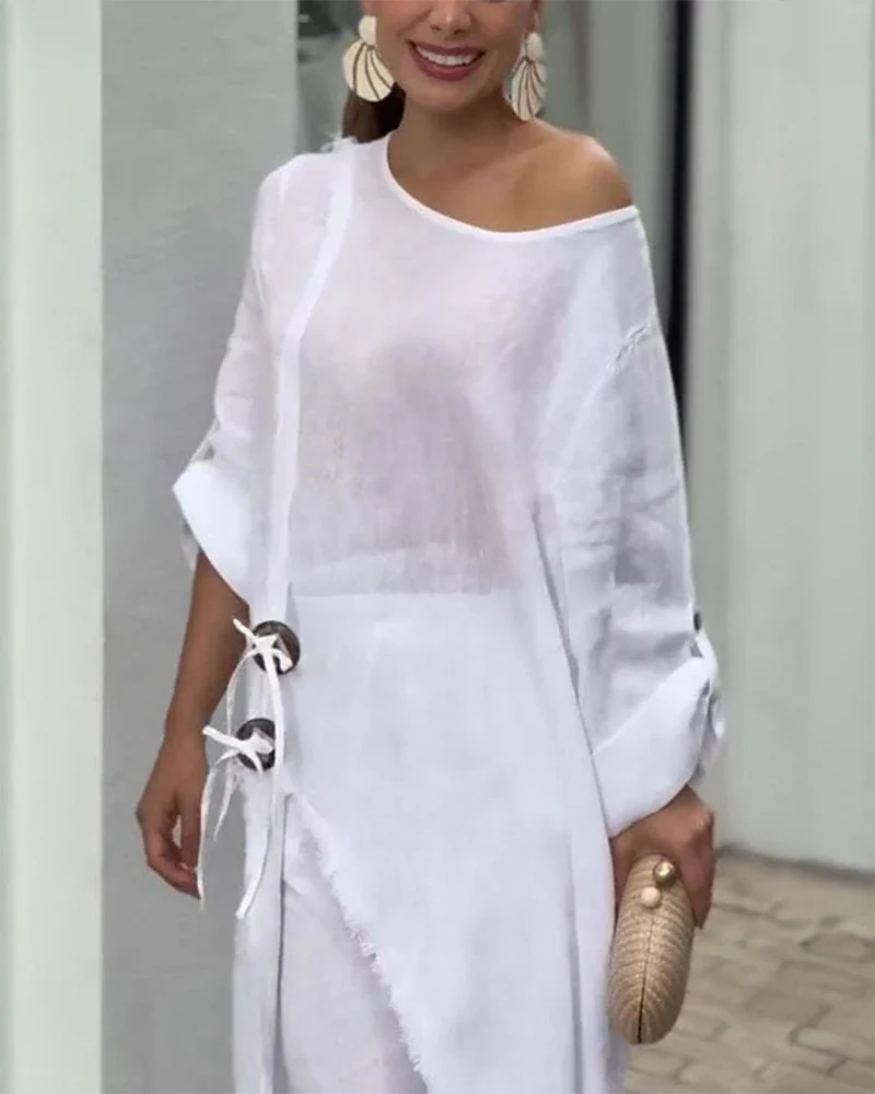 2 Pieces Outfit Button Decor One Shoulder Turn-Up Sleeves Slit Raw Edges Top and Casual Drawstring Elastic Waist Wide Leg Pants Set - Image 6