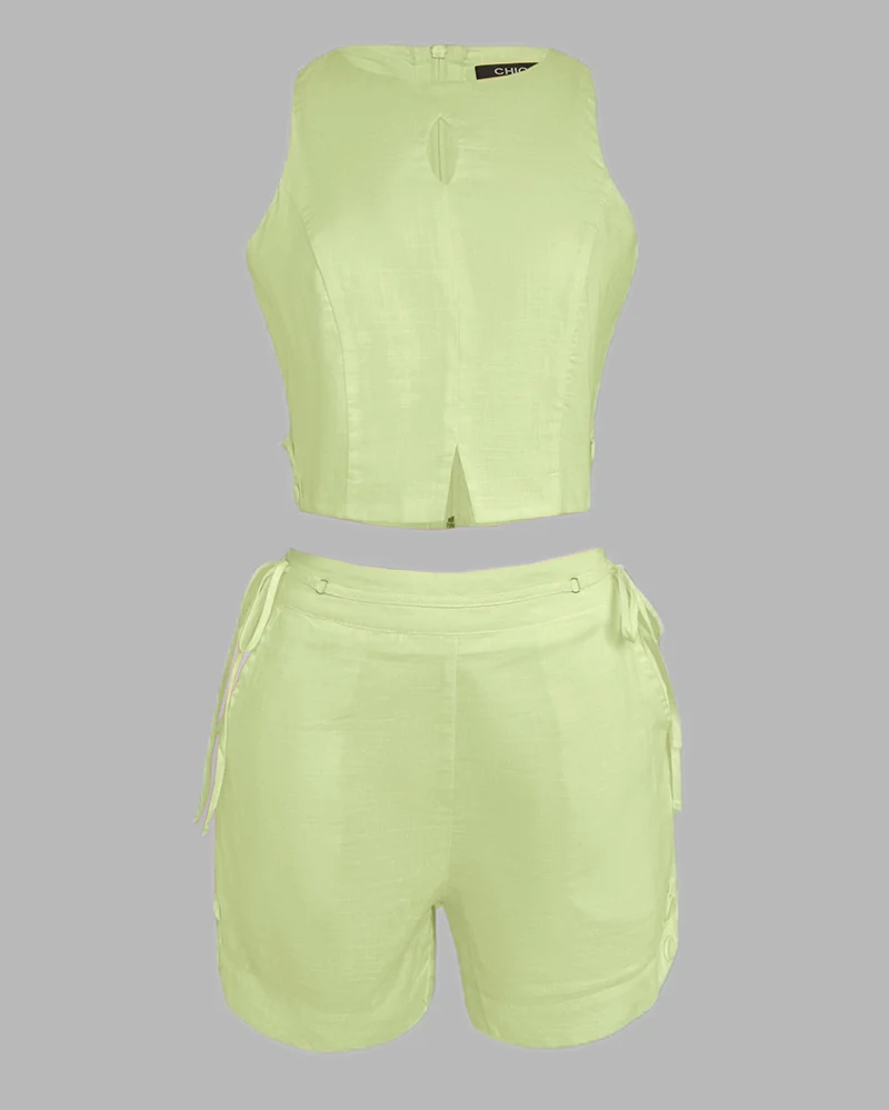 2 Pieces Outfit Button Decor Sleeveless Hollow-out Front Zipper Back Crop Top and Casual Elastic Back Waist Tie Side Shorts Set - Image 11