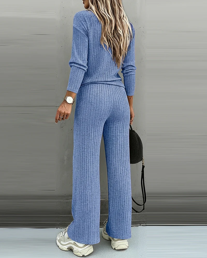 2 Pieces Outfit Button Decor V-Neck Long Sleeve Top and Elastic Waist Straight Leg Pants Set Casual Ribbed Set - Image 25