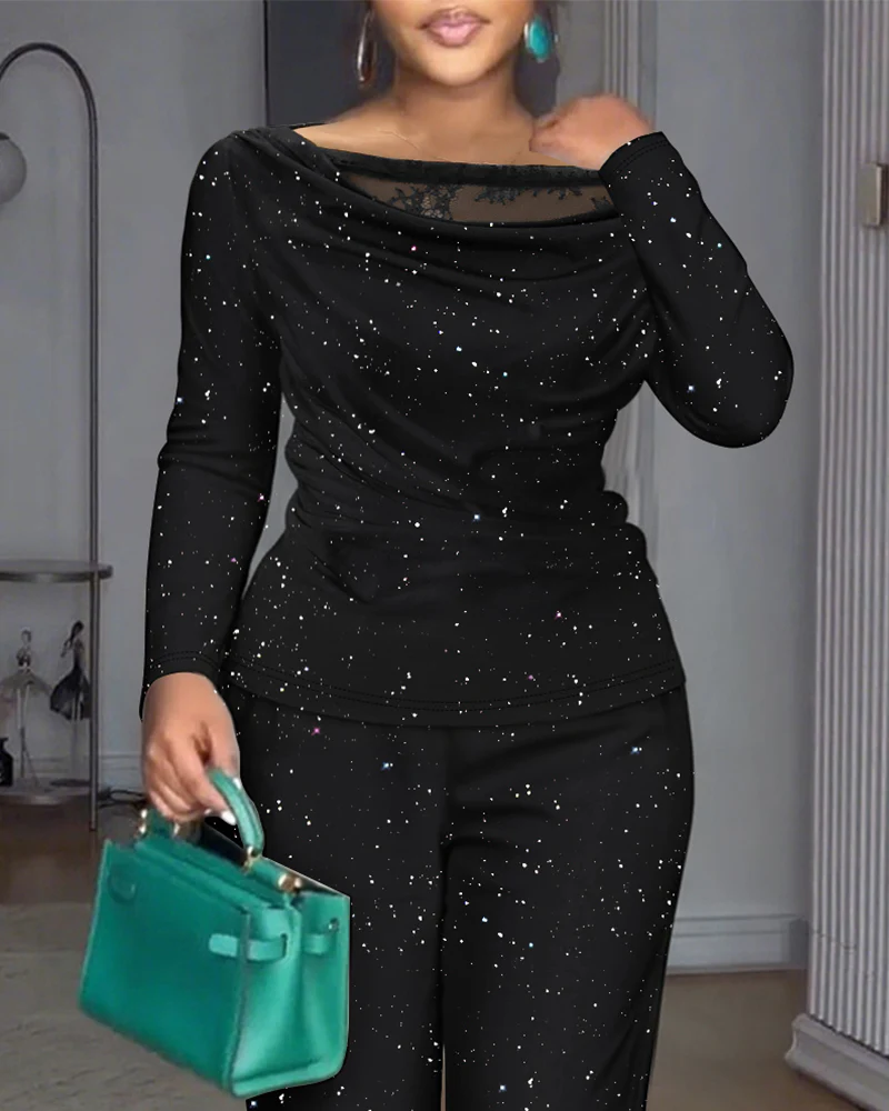 2 Pieces Outfit Cowl Neck Lace Spliced Long Sleeve Top and Elastic Waist Wide Leg Pants Set Casual Glitter Set - Image 3