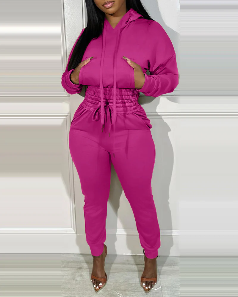 2 Pieces Outfit Drop Shoulder Kangaroo Pocket Stretchy Hem Crop Drawstring Hoodie Sweatshirt And Drawstring Elastic Waist Jogger Sweatpants Casual Tracksuit - Image 7