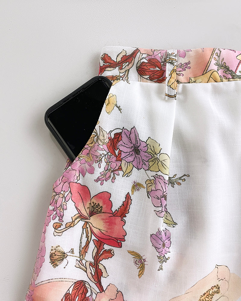 2 Pieces Outfit Floral Placement Print Stand Collar Button Button Front Lantern Sleeve Top and Casual Elastic Back Waist Shorts Set with Belt - Image 14