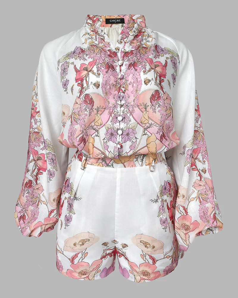 2 Pieces Outfit Floral Placement Print Stand Collar Button Button Front Lantern Sleeve Top and Casual Elastic Back Waist Shorts Set with Belt - Image 6