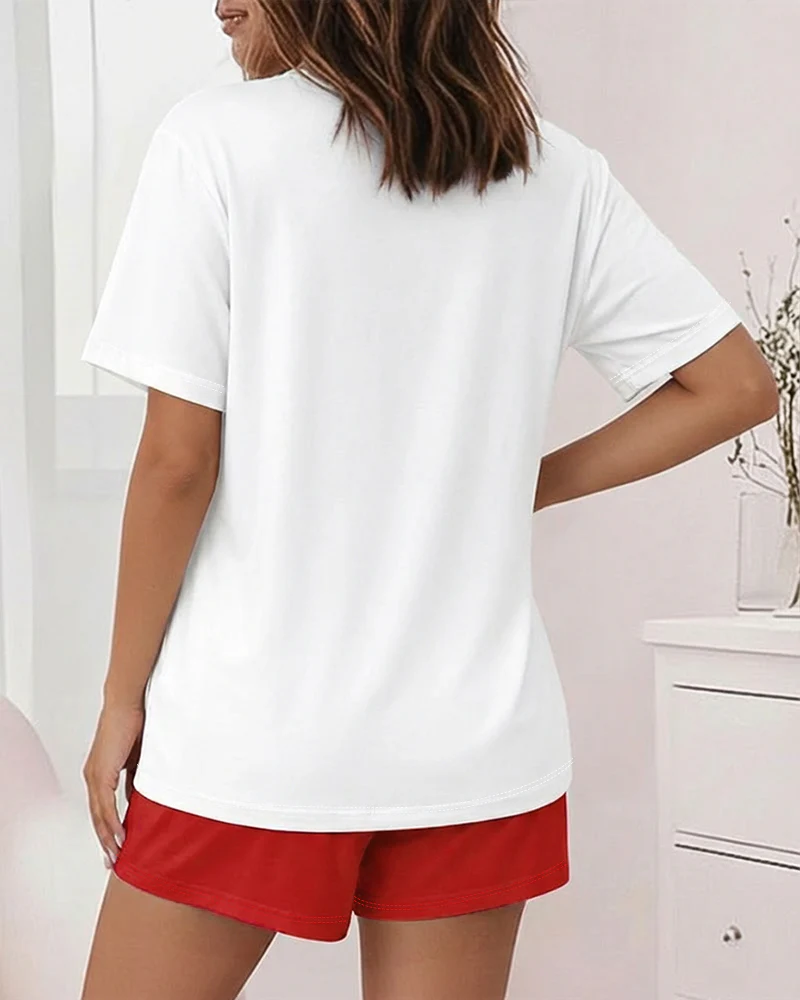 2 Pieces Outfit Graphic Print Round Neck Short Sleeve Top and Elastic Waist Shorts Set Casual Pajamas Set - Image 2