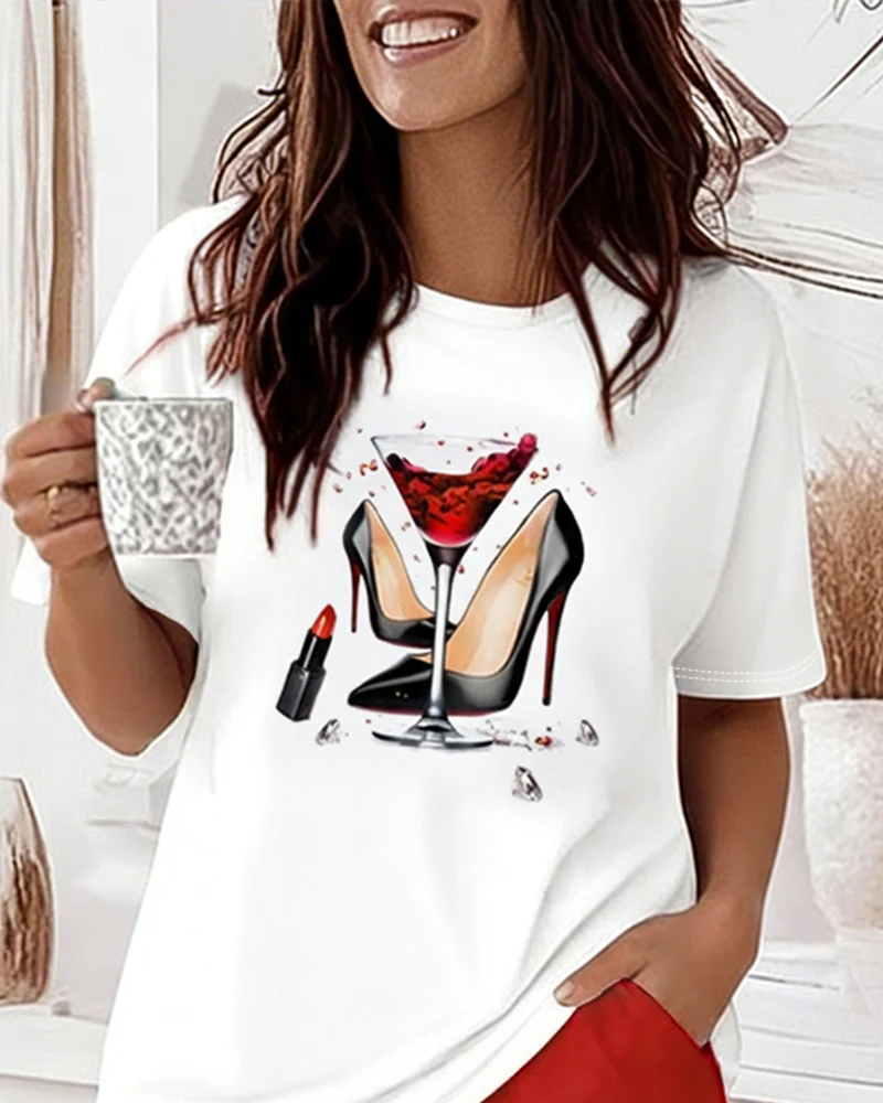 2 Pieces Outfit Graphic Print Round Neck Short Sleeve Top and Elastic Waist Shorts Set Casual Pajamas Set - Image 3