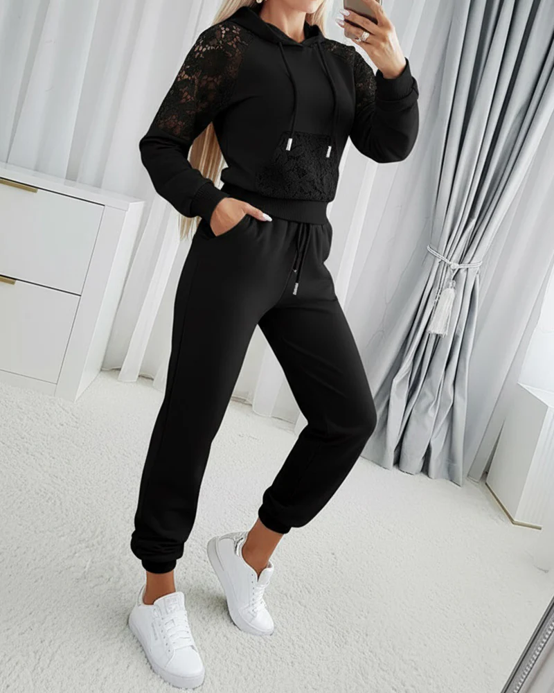 2 Pieces Outfit Guipure Lace Spliced Kangaroo Pocket Drawstring Hoodie Sweatshirt and Drawstring Elastic Waist Jogger Sweatpants Set - Image 6