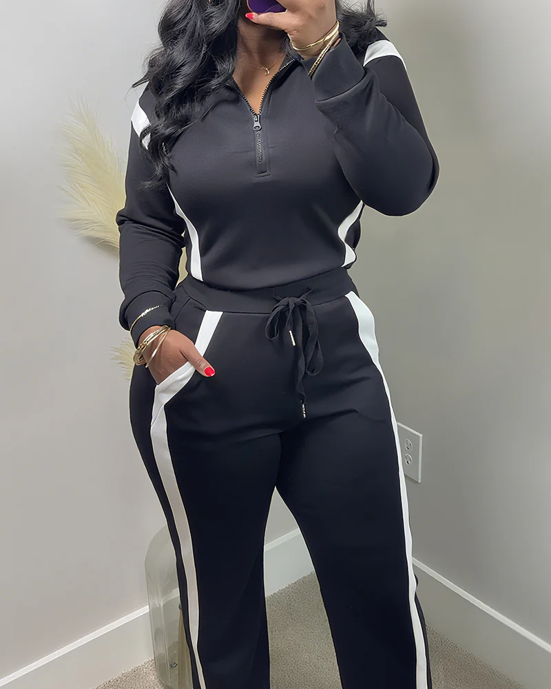 2 Pieces Outfit Half Zip Long Sleeve Top and Drawstring Elastic Waist Pants Set Casual Contrast Paneled Side Set - Image 3