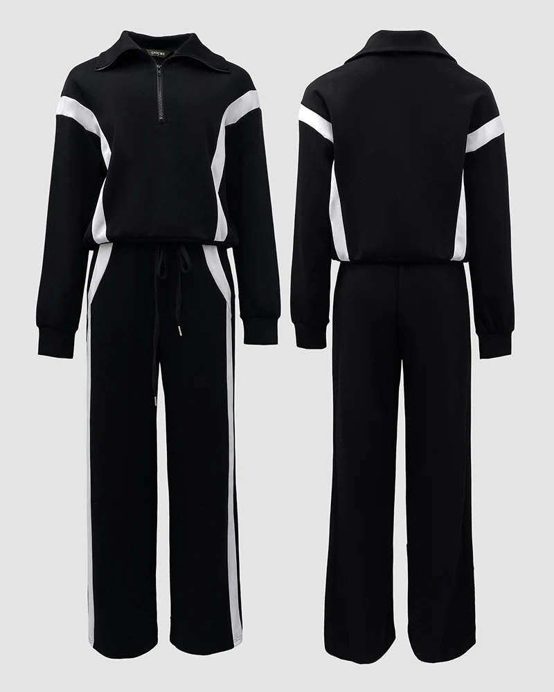 2 Pieces Outfit Half Zip Long Sleeve Top and Drawstring Elastic Waist Pants Set Casual Contrast Paneled Side Set - Image 4