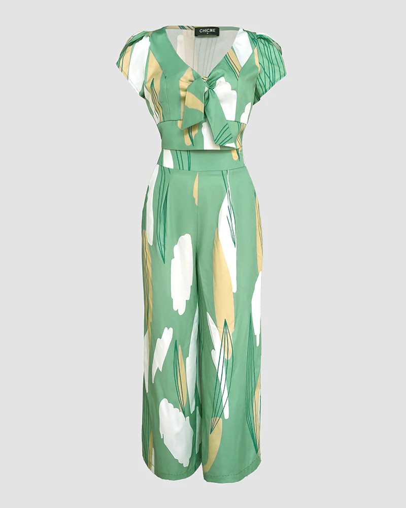 2 Pieces Outfit V Neck Petal Sleeve Tie Front Shirred Back Hem Crop Top and High Waist Elastic Back Waist Wide Leg Pants Set Casual Colorblock Abstract Print Set - Image 5