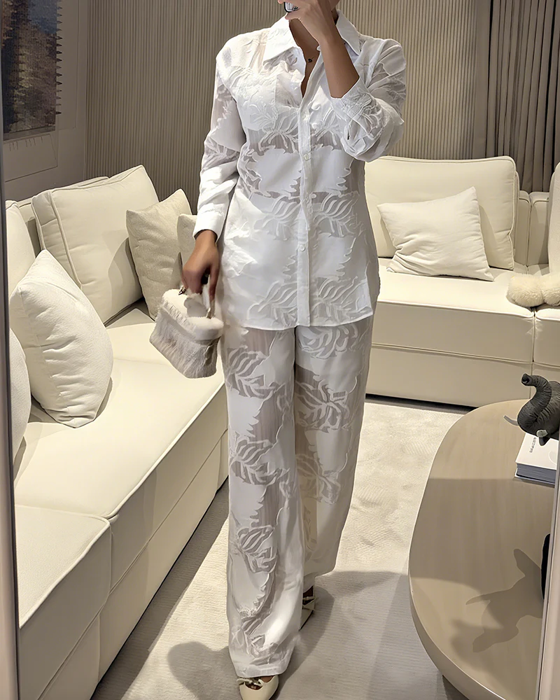 2 Pieces Outfit Jacquard Floral Turn-down Collar Button Front Pockets Design Top and Casual Elastic Back Waist Pants Set With Lining - Image 2