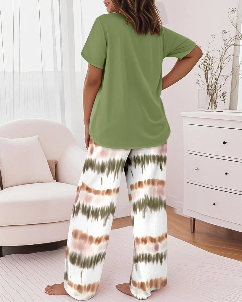 2 Pieces Outfit Letter Print Round Neck Short Sleeve Top And Tie Dye Print Elastic Waist Loose Fit Pants Set Casual Pajamas Set - Image 2