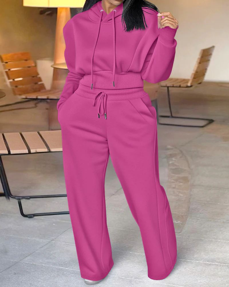 2 Pieces Outfit Long Sleeve Crop Drawstring Hoodie Sweatshirt With Thumb Hole Cuffs And Casual Drawstring Elastic Waist Wide Leg Sweatpants Set - Image 11