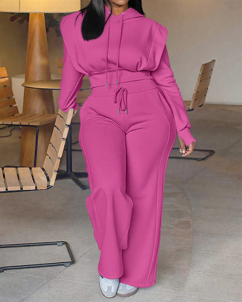 2 Pieces Outfit Long Sleeve Crop Drawstring Hoodie Sweatshirt With Thumb Hole Cuffs And Casual Drawstring Elastic Waist Wide Leg Sweatpants Set - Image 15
