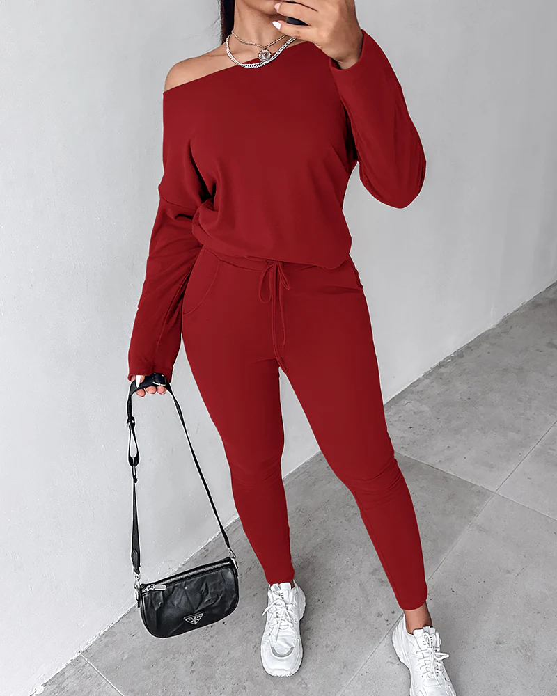 2 Pieces Outfit Long Sleeve Skew Neck Pullover Top And Drawstring Elastic Waist Slim Fit Pants Set - Image 12