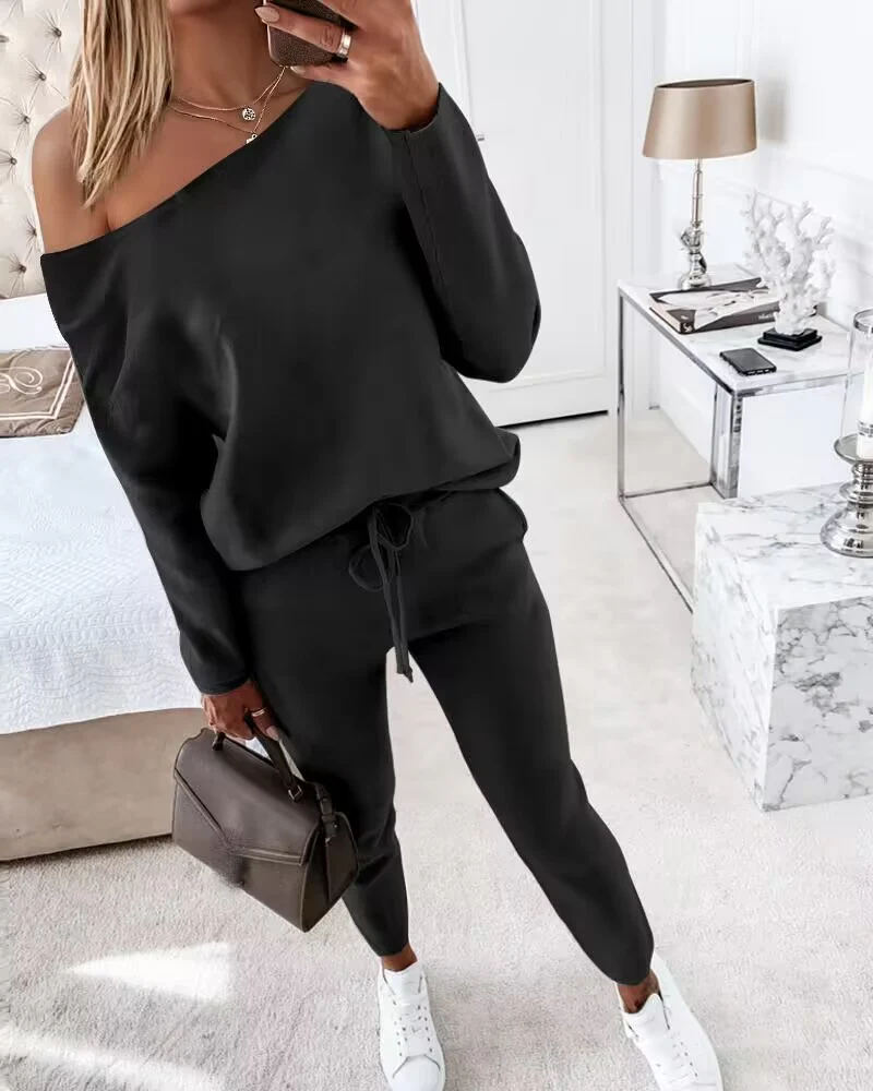2 Pieces Outfit Long Sleeve Skew Neck Pullover Top And Drawstring Elastic Waist Slim Fit Pants Set - Image 24
