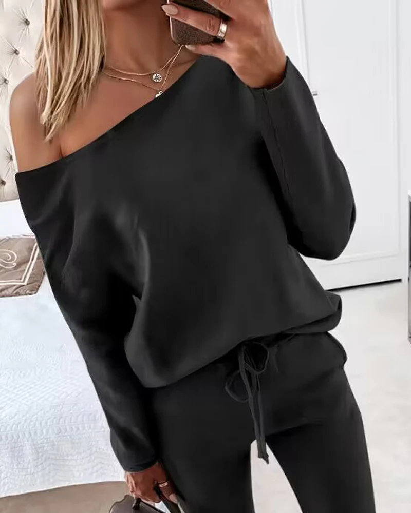 2 Pieces Outfit Long Sleeve Skew Neck Pullover Top And Drawstring Elastic Waist Slim Fit Pants Set - Image 27