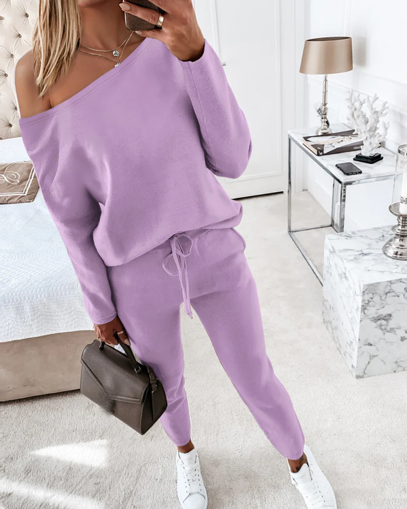 2 Pieces Outfit Long Sleeve Skew Neck Pullover Top And Drawstring Elastic Waist Slim Fit Pants Set - Image 31