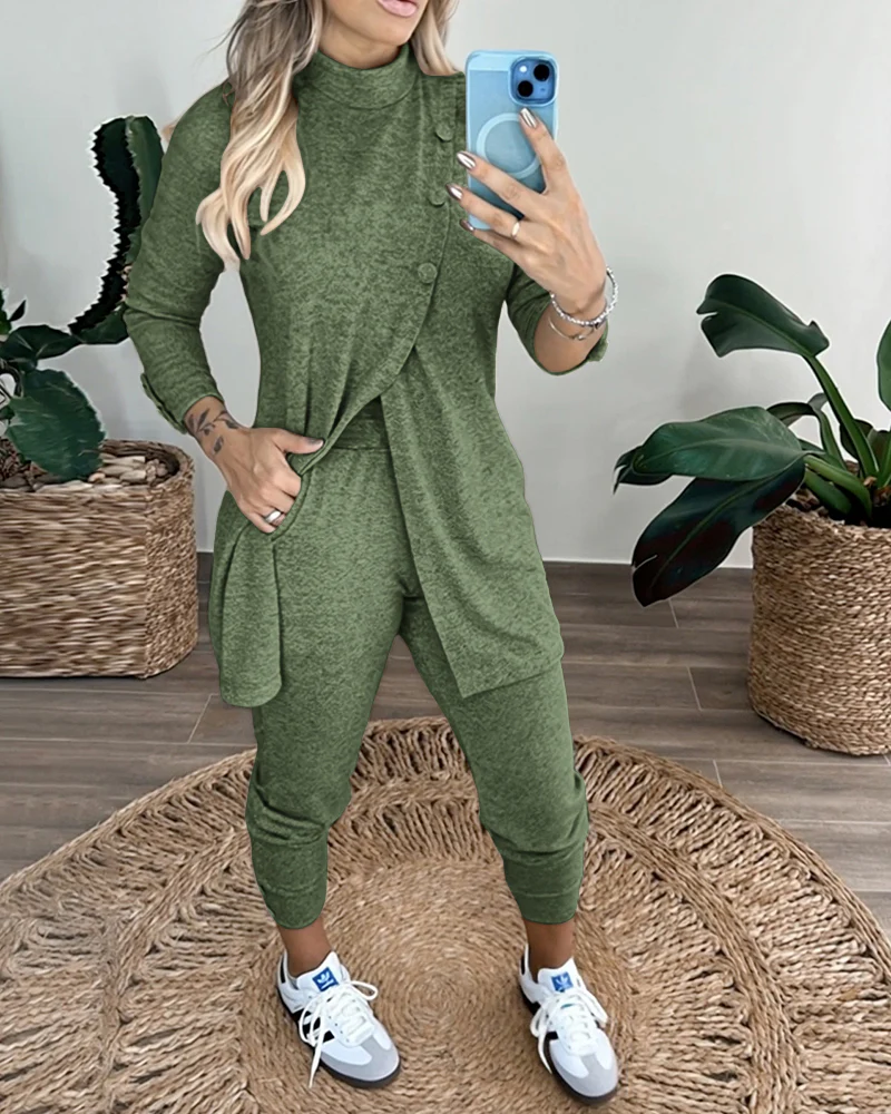 2 Pieces Outfit Mock Neck Long Sleeve Button Decor Slit Mid-Length Top and Stretchy Drawstring High Waist Slim Fit Pants Set - Image 16