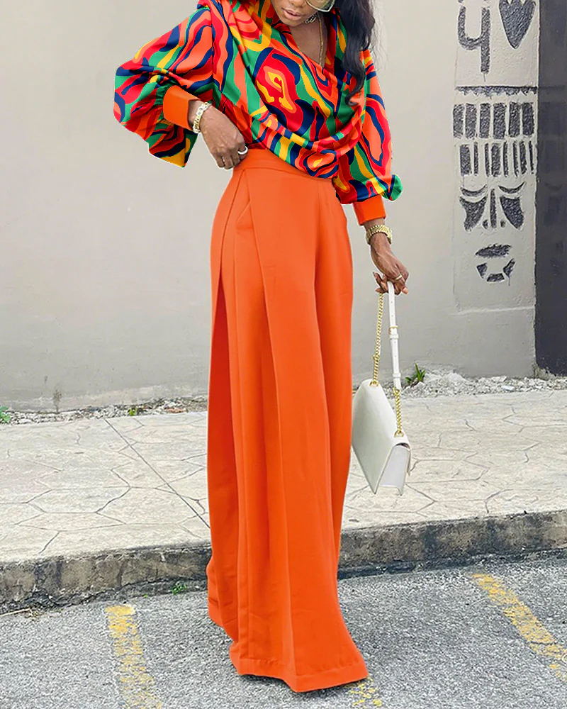2 Pieces Outfit Multi-color All Over Print Cowl Neck Lantern Sleeve Stretchy Hem Loose Crop Top and Casual Elastic Back Waist Wide Leg Pants Set - Image 3