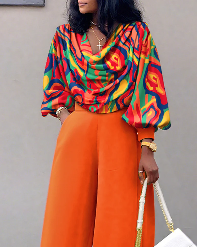 2 Pieces Outfit Multi-color All Over Print Cowl Neck Lantern Sleeve Stretchy Hem Loose Crop Top and Casual Elastic Back Waist Wide Leg Pants Set - Image 4