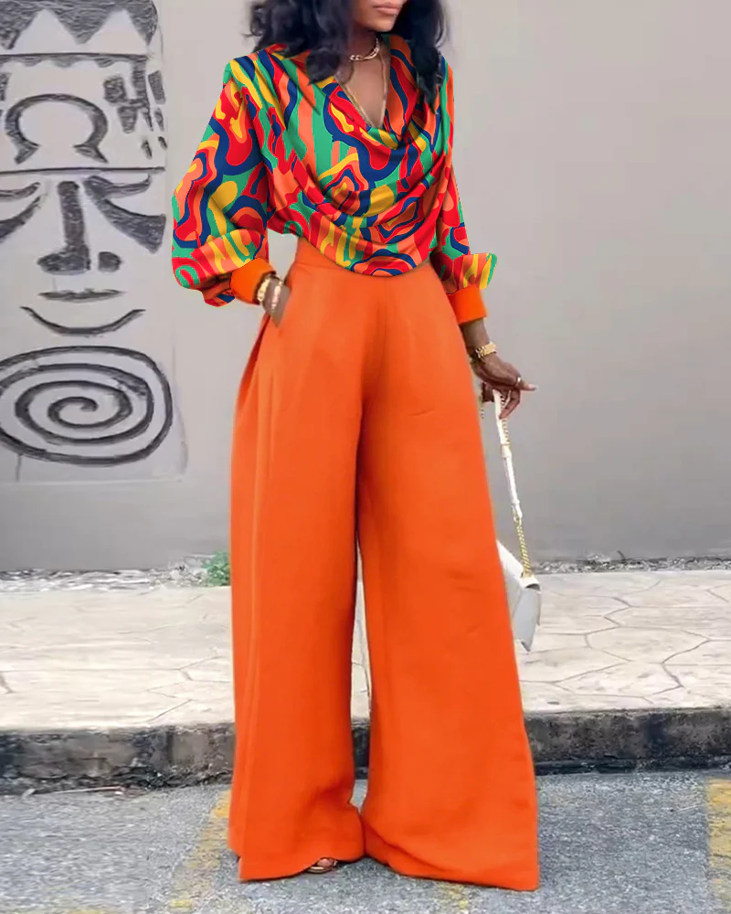 2 Pieces Outfit Multi-color All Over Print Cowl Neck Lantern Sleeve Stretchy Hem Loose Crop Top and Casual Elastic Back Waist Wide Leg Pants Set - Image 5