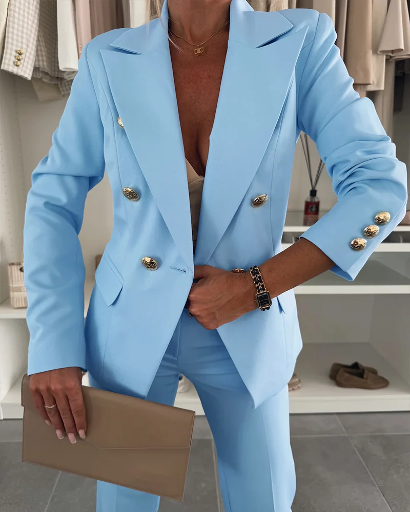 2 Pieces Outfit Notched Collar Double-Breasted Flap Detail Coat and Zipper Fly Elastic Back Waist Slim Fit Flared Pants Set Casual Blazer Set - Image 23