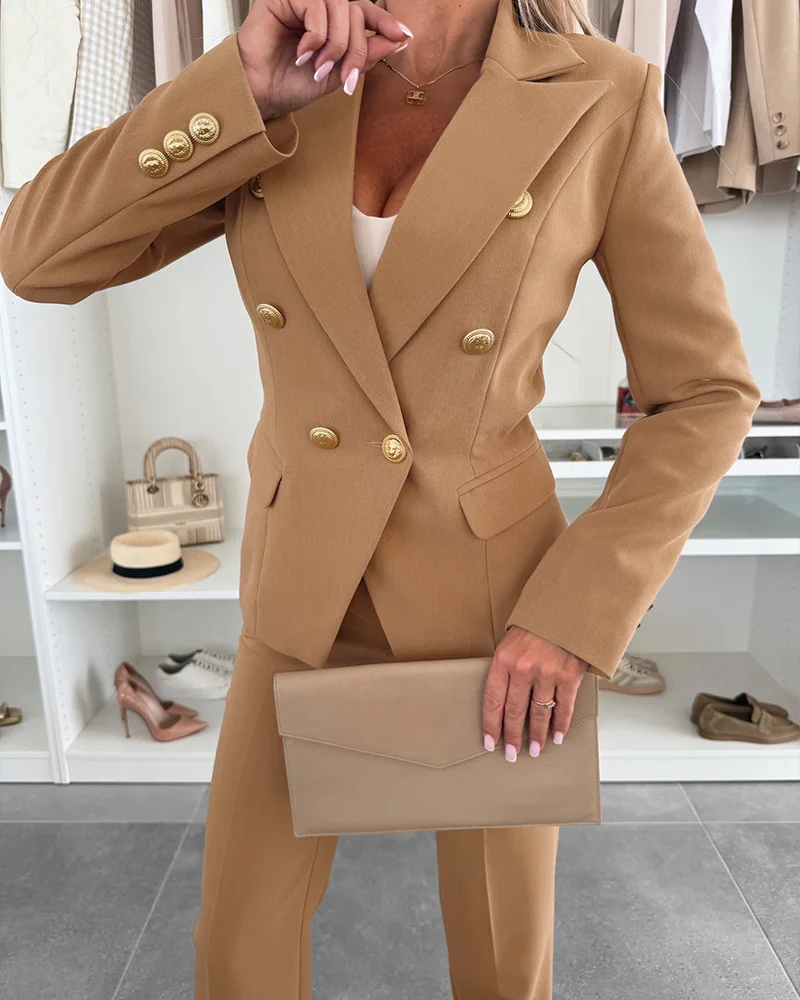 2 Pieces Outfit Notched Collar Double-Breasted Flap Detail Coat and Zipper Fly Elastic Back Waist Slim Fit Flared Pants Set Casual Blazer Set - Image 29