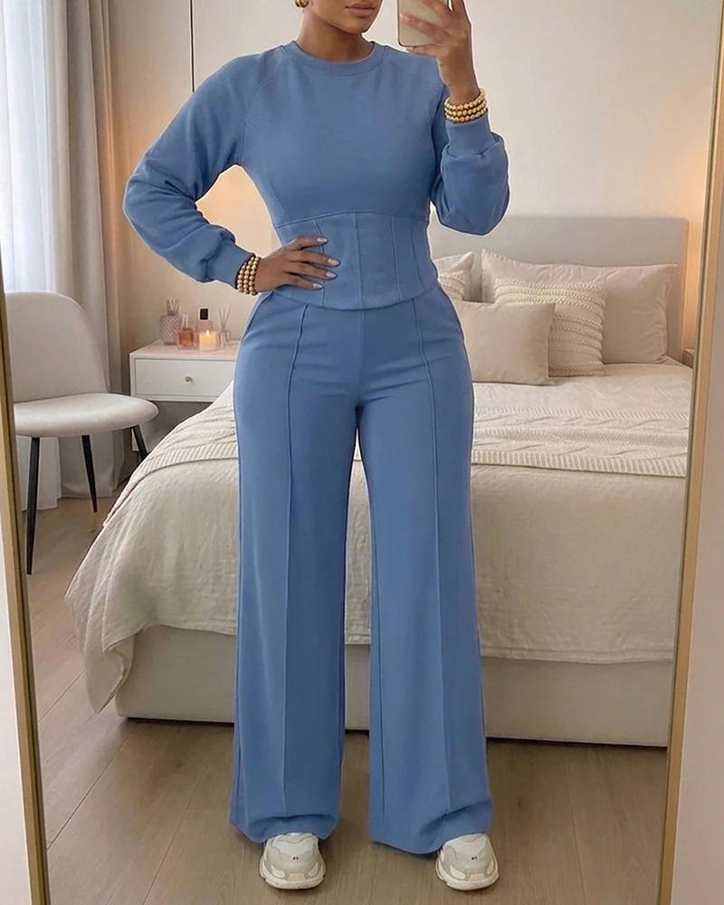 2 Pieces Outfit O-neck Long Sleeve Cinched Waist Sweatshirt and Elastic Waist Wide Leg Pants Set Casual Seam Design Sweatpants Set - Image 4