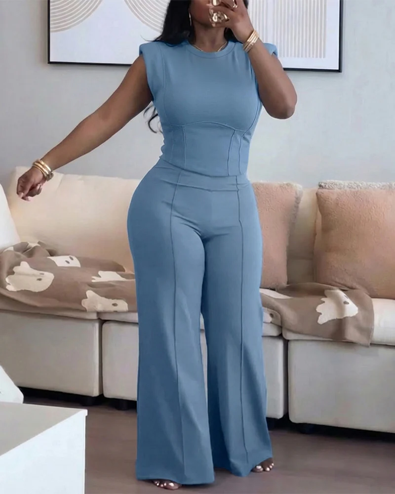 2 Pieces Outfit O-neck Sleeveless Padded Shoulders Cinched Waist Crop Top and Elastic Waist Seam Front Wide Leg Pants Set