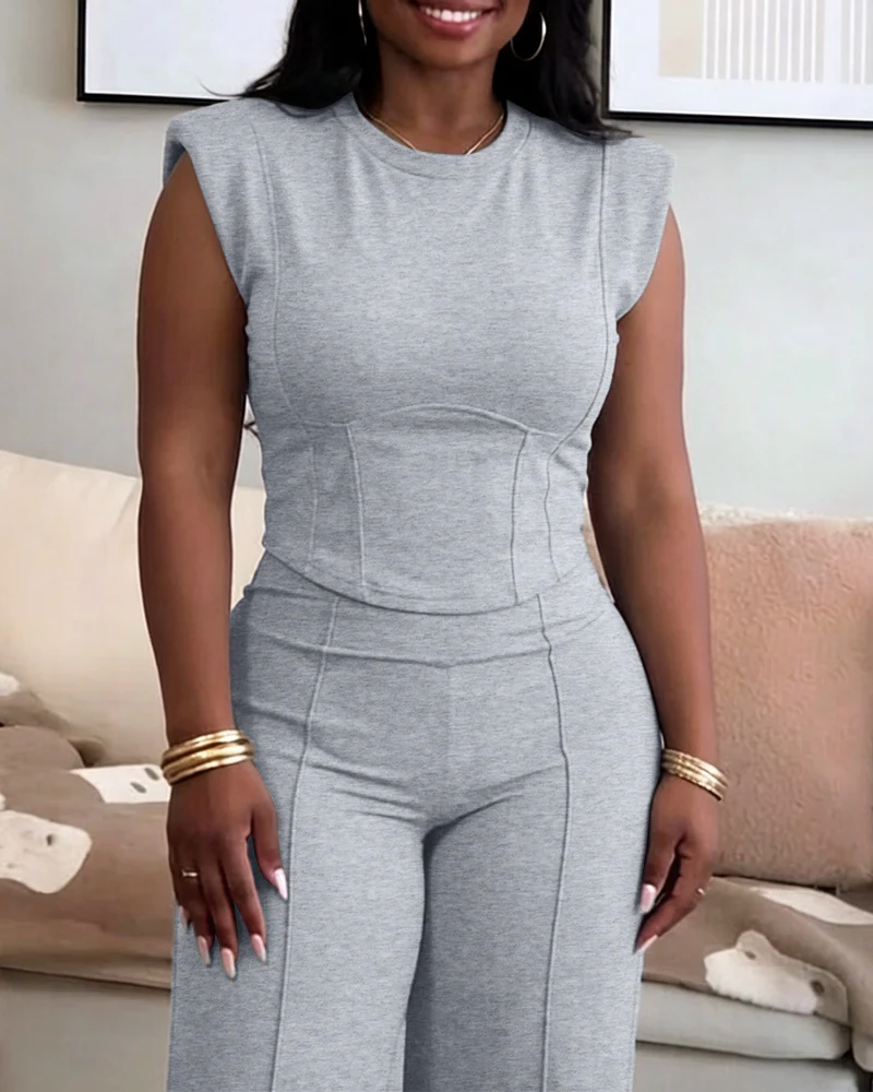 2 Pieces Outfit O-neck Sleeveless Padded Shoulders Cinched Waist Crop Top and Elastic Waist Seam Front Wide Leg Pants Set - Image 10
