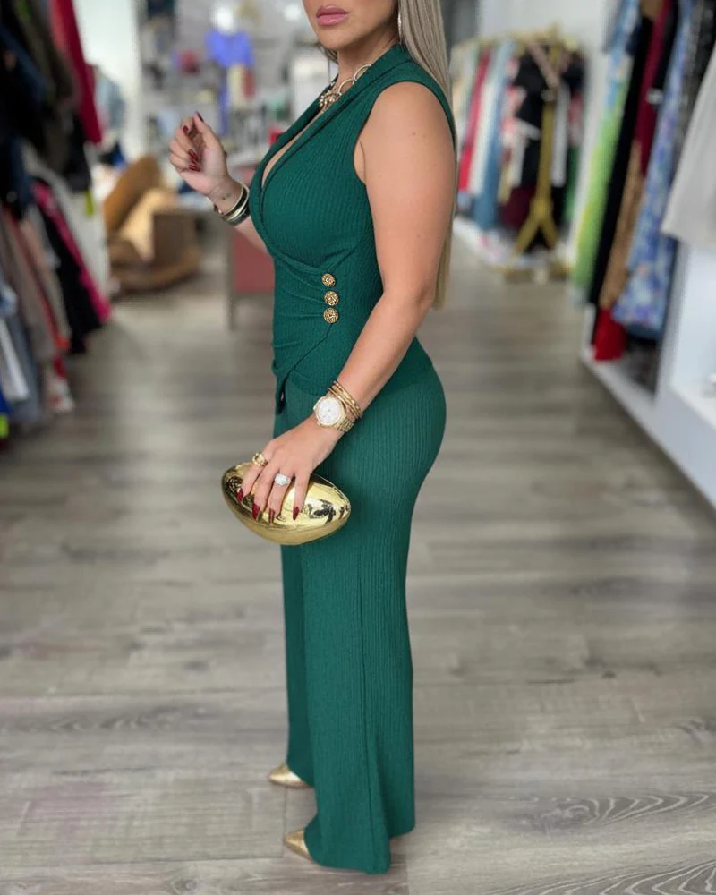 2 Pieces Outfit Overlap Deep V-Neck Sleeveless Side Button Decor Asymmetrical Hem Slim Fit Top and Elastic Waist Wide Leg Pants Set Casual Ribbed Set - Image 3