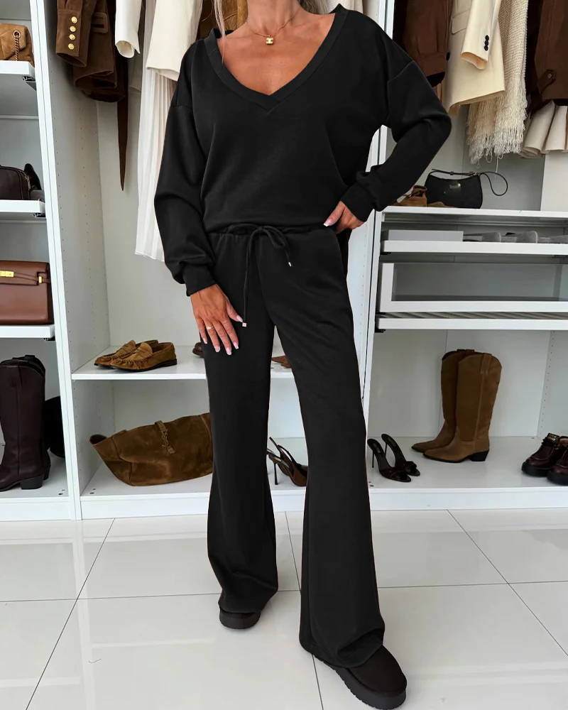 2 Pieces Outfit Plunge V Neck Pullover Sweatshirt and Casual Drawstring Waist Wide Leg Pants Set - Image 10