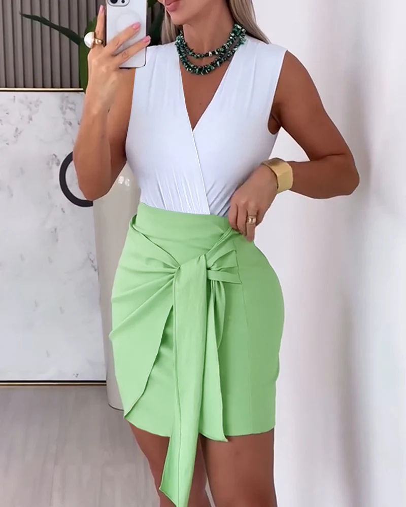 Women's 2 Piece Outfits V Neck Sleeveless Bodysuit and High Waisted Wrap Knot Side Skirt Set Casual Matching Set - Image 8
