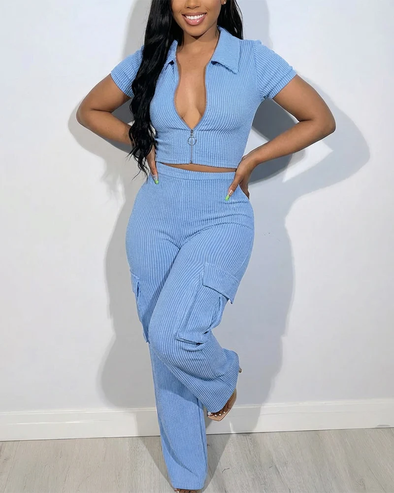 2 Pieces Outfit Polo Collar Short Sleeve Zip Up Slim Fit Crop Top and High Waist Elastic Waist Cargo Pockets Design Pants Set Casual Ribbed Set - Image 3