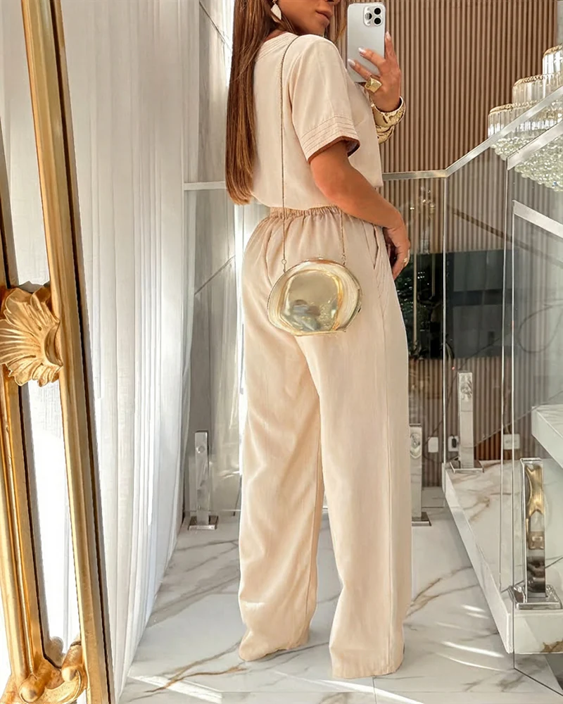 2 Pieces Outfit Short Sleeve Pullover Top and Elastic Waist Wide Leg Pants Set Casual Contrast Paneled Set - Image 5