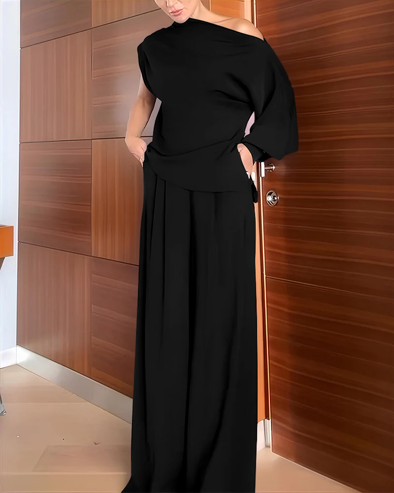 2 Pieces Outfit Skew Neck Asymmetrical Lantern Sleeve Side Slit Top and Casual Button & Zipper Side Pleated Wide Leg Pants Set - Image 9