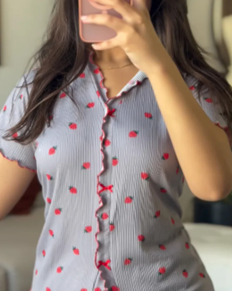 2 Pieces Outfit Strawberry Print Stand Collar Short Sleeve T-shirt and Pants Pajamas Set - Image 13