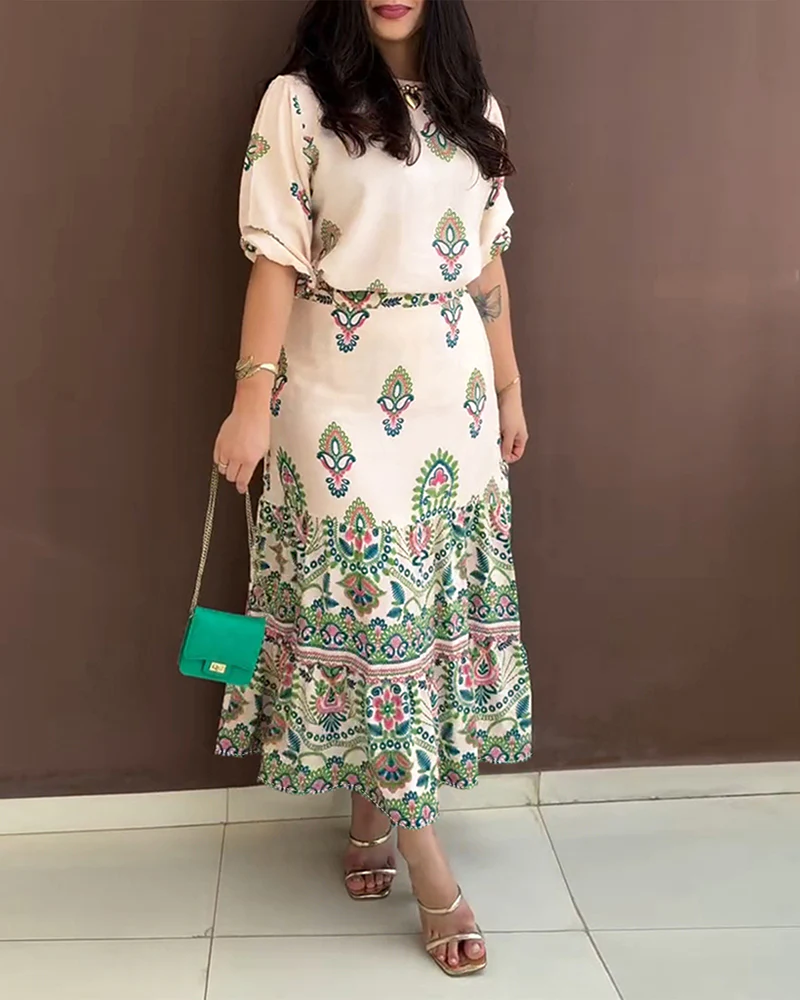 2 Pieces Outfit Tribal Print Short Sleeve Top and Casual Ruffles Hem Skirt Set - Image 5