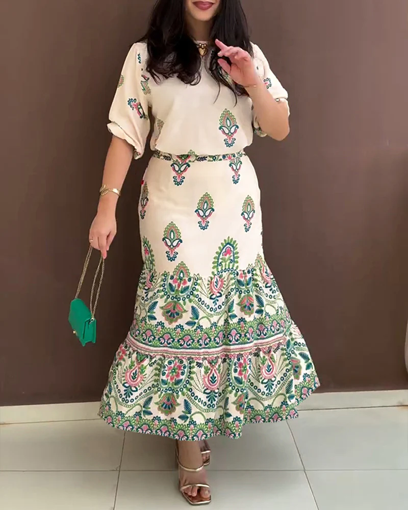 2 Pieces Outfit Tribal Print Short Sleeve Top and Casual Ruffles Hem Skirt Set - Image 7