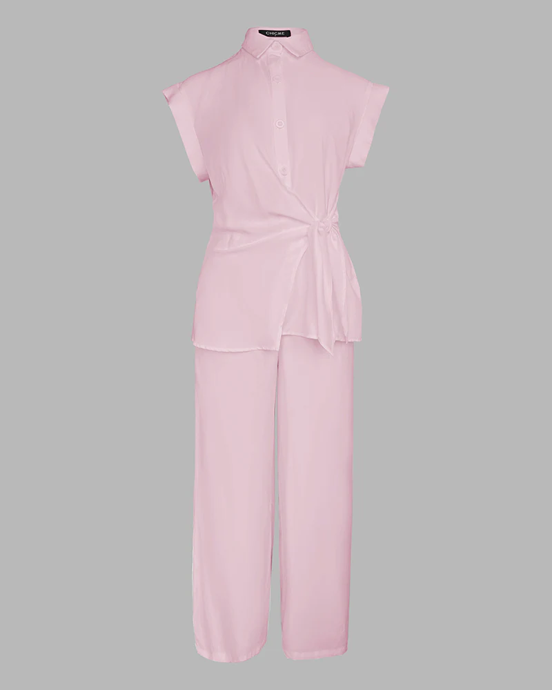 2 Pieces Outfit Turn-down Collar Cap Sleeve Button Front Tied Detail Top and Casual Zipper Fly Elastic Back Waist Wide-Leg Pants Set - Image 12